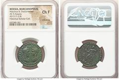 Ancients Roman Provincial MOESIA INFERIOR. Marcianopolis. Macrinus (AD 217-218) with Diadumenian. AE 5-assaria (26mm, 1h). NGC Choice Fine, smoothing. AVT K OΠEΛ CEV MAKΡEINOC K M OΠEΛ ANTΩNEINOC, con