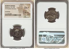 Ancients Roman Imperial Balbinus (April-July AD 238). AR antoninianus (23mm, 6h). NGC Choice Fine, flan flaw, scratches. Rome. IMP CAES D CAEL BALBINVS AVG, radiate, draped, and cuirassed bust of Balb