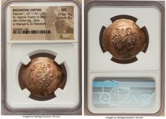 Ancients Byzantine Manuel I Comnenus (AD 1143-1180). EL aspron trachy (32mm, 4.38 gm, 5h). NGC MS 4/5 - 4/5 Constantinople, AD 1160-1164. IC-XC (barred), Christ standing facing on dais, bearded, weari