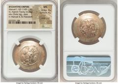 Ancients Byzantine Manuel I Comnenus (AD 1143-1180). EL aspron trachy (31mm, 4.34 gm, 5h). NGC MS 4/5 - 4/5, stress crack. Constantinople, AD 1160-1164. IC-XC (barred), Christ standing facing on dais,