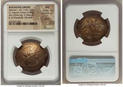 Ancients Byzantine Manuel I Comnenus (AD 1143-1180). EL aspron trachy (31mm, 4.43 gm, 6h). NGC MS 4/5 - 2/5, graffiti, die shift. Constantinople, AD 1160-1164. IC-XC (barred), Christ standing facing o