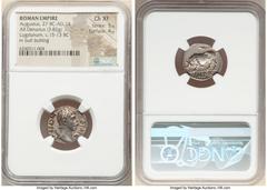 Ancients Roman Imperial Augustus (27 BC-AD 14). AR denarius (19mm, 3.82 gm, 6h). NGC Choice XF 5/5 - 4/5. Lugdunum, ca. 15-13 BC. AVGVSTVS-DIVI•F, bare head of Augustus right / IMP•X, bull charging ri