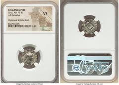 Ancients Roman Imperial Titus, as Augustus (AD 79-81). AR denarius (17mm, 5h). NGC VF. Rome, 1 January-30 June AD 80. IMP TITVS CAES VESPASIAN AVG P M, laureate head of Titus right / TR P IX IMP XV CO