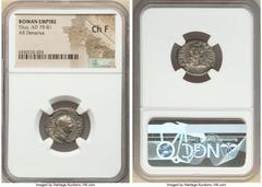 Ancients Roman Imperial Titus, as Augustus (AD 79-81). AR denarius (18mm, 6h). NGC Choice Fine, scratch. Rome, 1 January-30 June AD 80. IMP TITVS CAES VESPASIAN AVG P M, laureate head of Titus right /