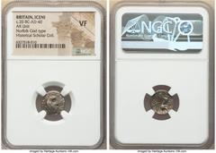 Ancients Celtic BRITAIN. Iceni. Ca. 20 BC-AD 40. AR unit (14mm, 9h). NGC VF. Uninscribed coinage, Norfolk God, Small Head Type. Male head right, sunken oval eye, no mustache, short dashes for hair wit