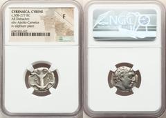 Ancients Greek CYRENAICA. Cyrene. Ca. 308-277 BC. AR didrachm (19mm, 12h). NGC Fine. Bare head of Apollo-Carneius right, with horn of Ammon / KY - PA, silphium plant, star to upper right. SNG Copenhag