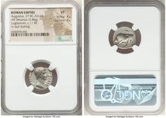 Ancients Roman Imperial Augustus (27 BC-AD 14). AR denarius (18mm, 3.86 gm, 6h). NGC VF 4/5 - 4/5. Lugdunum, ca. 11-10 BC. AVGVSTVS-DIVI•F, bare head of Augustus right / IMP•XII, bull charging left, h