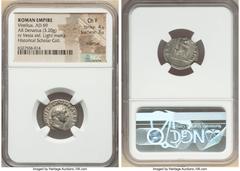 Ancients Roman Imperial Vitellius (late April-20 December AD 69). AR denarius (18mm, 3.20 gm, 7h). NGC Choice Fine 4/5 - 3/5, edge cut, light marks. Rome. A VITELLIVS GERM IMP AVG TR P, laureate head 
