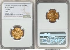 Islamic Dynasties Ottoman Empire Ottoman Empire. Suleyman I (AH 926-974 / AD 1520-1566) gold Sultani AH 926 (AD 1520/1521) AU53 NGC, Misr mint, A-1317. HID05401242017 © 2022 Heritage Auctions | All Ri