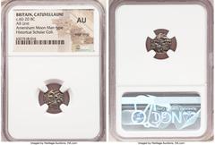 Ancients Celtic BRITAIN. Catuvellauni & Trinovantes. Ca. 60-20 BC. AR unit (10mm, 1.10 gm, 4h). NGC AU, edge filing. Uninscribed issues, Amersham Moon Man type. Celtic head left with corded hair; cres