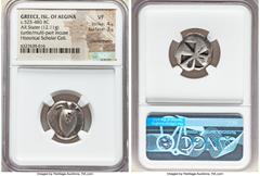 Ancients Greek SARONIC ISLANDS. Aegina. Ca. 525-475 BC. AR stater (19mm, 12.11 gm). NGC VF 4/5 - 3/5, countermarks. Sea turtle, viewed from above, head turned sideways, with thin collar and row of dot