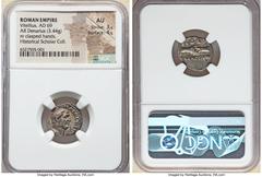 Ancients Roman Imperial Vitellius (late April-20 December AD 69). AR denarius (17mm, 3.44 gm, 6h). NGC AU 3/5 - 4/5. Rome. A VITELLIVS GERMANICVS IMP, bare head of Vitellius right / FIDES / EXERCITVVM