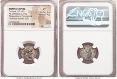 Ancients Roman Imperial Pertinax (1 January-28 March AD 193). AR denarius (18mm, 2.71 gm, 12h). NGC VF 4/5 - 4/5. Rome. IMP CAES P HELV-PERTIN AVG, laureate head of Pertinax right / PROVID-DEOR COS II