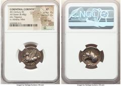 Ancients Greek CORINTHIA. Corinth. Ca. 4th century BC. AR stater (21mm, 8.48 gm, 2h). NGC XF 4/5 - 3/5, flan flaw. Pegasus flying left; Ϙ below / Head of Athena left, wearing necklace and Corinthian h