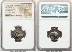 Ancients Greek CORINTHIA. Corinth. Ca. 4th century BC. AR stater (21mm, 8.33 gm, 2h). NGC Choice VF 5/5 - 2/5. Pegasus with pointed wing flying left; Ϙ below / Head of Athena left, wearing laureate Co