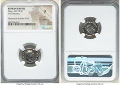 Ancients Roman Imperial Titus, as Augustus (AD 79-81). AR denarius (18mm, 4h). NGC Fine, scratches. Rome, 1 January-30 June AD 80. IMP TITVS CAES VESPASIAN AVG P M, laureate head of Titus right / TR P