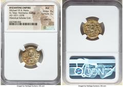 Ancients Byzantine Michael VII Ducas (AD 1071-1078), with Maria. EL tetarteron nomisma (19mm, 4.05 gm, 6h). NGC AU 4/5 - 3/5, scratches. Constantinople. +ΘKE-POHΘЄI+, nimbate bust of the Virgin Mary f