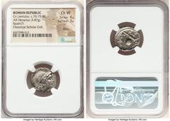 Ancients Roman Republic Cn. Lentulus (ca. 76-75 BC). AR denarius (19mm, 3.87 gm, 5h). NGC Choice VF 4/5 - 3/5, marks. Uncertain mint in Spain. G•P•R, diademed and draped bust of bearded Genius Populi 