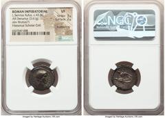 Ancients Roman Republic L. Servius Rufus (ca. 43 BC). AR denarius (19mm, 3.61 gm, 10h). NGC VF 3/5 - 2/5, light smoothing. Rome. L•SERVIVS-RVFVS, bare head of Brutus (?) right / The Dioscuri standing 