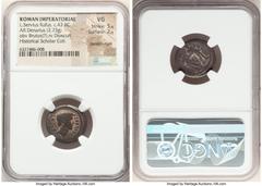 Ancients Roman Republic L. Servius Rufus (ca. 43 BC). AR denarius (19mm, 2.73 gm, 4h). NGC VG 5/5 - 2/5, bankers mark. Rome. L•SERVIVS-RVFVS, bare head of Brutus (?) right / The Dioscuri standing faci