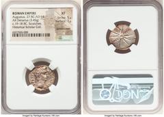 Ancients Roman Imperial Augustus (27 BC-AD 14). AR denarius (20mm, 3.45 gm, 5h). NGC XF 5/5 - 1/5, bankers mark, scratches. Spanish mint (Caesaraugusta?), 19-18 BC. CAESAR-AVGVSTVS, head of Augustus r