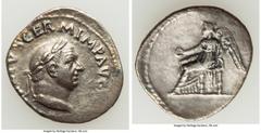 Ancients Roman Imperial Vitellius (AD 69). AR denarius (20mm, 2.56 gm, 6h). Choice VF, tooled. Rome, April-December AD 69. A VITELLIVS GERMAN IMP TR P, laureate head of Vitellius right / Anepigraphic,