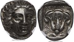 Ancients Greek CARIAN ISLANDS. Rhodes. Ca. 404-385 BC. AR tetradrachm (25mm, 14.79 gm, 12h). NGC XF 5/5 - 2/5. Head of Helios facing, turned slightly right, hair arrayed in radiating waves / POΔION, r