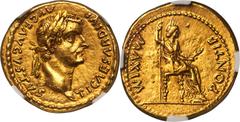Ancients Roman Imperial Tiberius (AD 14-37). AV aureus (20mm, 7.70 gm, 8h). NGC AU 5/5 - 3/5. Lugdunum, ca. AD 14-17. TI CAESAR DIVI-AVG F AVGVSTVS, laureate head of Tiberius right / PONTIF-MAXIM, Liv