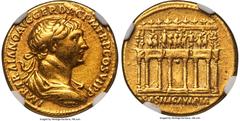 Ancients Roman Imperial Trajan (AD 98-117). AV aureus (19mm, 6.84 gm, 7h). NGC Choice VF 5/5 - 4/5. Rome, ca. AD 112-113. IMP•TRAIANO AVG GER DAC P M TR P COS VI P P, laureate, draped, and cuirassed b