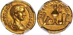Ancients Roman Imperial Caracalla, as Caesar (AD 198-217). AV aureus (20mm, 7.30 gm, 1h). NGC AU 5/5 - 3/5, edge marks. Rome, ca. AD 196. M AVR ANTO-NINVS CAES, bare-headed, draped bust of Caracalla r