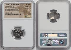 Ancients Greek ETRURIA. Populonia. Ca. 3rd century BC. AR 10-asses (18mm, 4.18 gm). NGC Choice XF S 5/5 - 5/5 Laureate head of Aplu (Etruscan Apollo) left; X (mark of value) behind / Blank. HN Italy 1