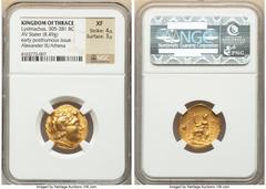 Ancients Greek THRACIAN KINGDOM. Lysimachus (305-281 BC). AV stater (20mm, 8.49 gm, 12h). NGC XF 4/5 - 3/5. Posthumous issue of Byzantium, ca. 250-230 BC. Diademed head of deified Alexander III right,