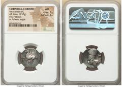 Ancients Greek CORINTHIA. Corinth. Ca. 4th century BC. AR stater (21mm, 8.53 gm, 10h). NGC AU 5/5 - 4/5. Pegasus with pointed wing flying left; Ϙ below / Head of Athena left, wearing laureate Corinthi