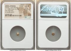 Ancients Greek IONIA. Ephesus. Phanes (ca. 625-600 BC). EL 1/48 stater or tetartemorion (5mm, 0.29 gm). NGC Choice XF 5/5 - 4/5. Head of stag right / Abstract geometric pattern within incuse square pu