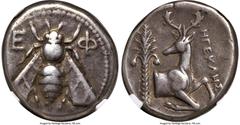 Ancients Greek IONIA. Ephesus. Ca. 4th century BC. AR tetradrachm (24mm, 15.08 gm, 12h). NGC VF 5/5 - 5/5. Egecles, magistrate. E-Φ, bee with straight wings seen from above / HΓEKΛHΣ, forepart of stag