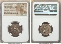 Ancients Greek IONIA. Ephesus. Ca. 4th century BC. AR tetradrachm (23mm, 15.17 gm, 11h). NGC VF 3/5 - 4/5. Cyniscus, magistrate. E-Φ, bee with straight wings seen from above / KYNIΣKOΣ, forepart of st
