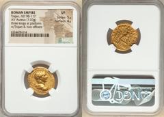 Ancients Roman Imperial Trajan (AD 98-117). AV aureus (20mm, 7.03 gm, 7h). NGC VF 5/5 - 4/5. Rome, AD 114-117. IMP CAES NER TRAIAN OPTIM AVG GER DAC PARTHICO, laureate, draped, and cuirassed bust of T