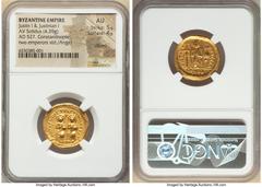 Ancients Byzantine Justin I and Justinian I (4 April-1 August AD 527). AV solidus (21mm,4.39gm 6h). NGC AU 5/5 - 4/5, clipped. Constantinople, 6th officina. D N IVSTIN ЄT IVSTINIAN PP AVG, Justin I (o