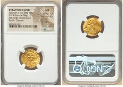Ancients Byzantine Justinian II, First Reign (AD 685-695). AV solidus (19mm, 4.00 gm, 7h). NGC MS 4/5 - 2/5, bent, scuffs, clipped. Constantinople, uncertain officina, AD 692-695. IhS CRIStDS RЄX-RЄϚN