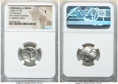 Ancients Greek CYRENAICA. Cyrene. Ca. 308-277 BC. AR didrachm (18mm, 10h). NGC Fine. Bare head of Apollo-Carneius right, with horn of Ammon / KY - PA, silphium plant, star to upper right. SNG Copenhag