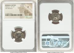 Ancients Roman Imperial Vitellius (late April-20 December AD 69). AR denarius (19mm, 6h). NGC Fine, marks. Rome. A VITELLIVS GERMANICVS IMP, bare head of Vitellius right / CONCOR-DIA P R, Concordia se