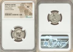 Ancients Roman Imperial Geta, as Caesar (AD 198-209). AR denarius (21mm, 5h). NGC XF. Rome, ca. early AD 209. P SEPTIMVIS-GETA CAES, bare headed, draped bust of Geta right, seen from back / PONTIF-COS