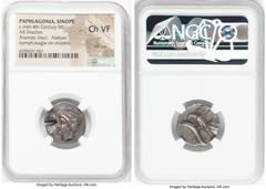 Ancients Greek PAPHLAGONIA. Sinope. Satrapal Coinage. Ca. late 4th century BC. AR drachm (20mm, 2h). NGC Choice VF, test cut. Abdssn as satrap. Head of nymph left, hair held hair in saccos, wearing sp