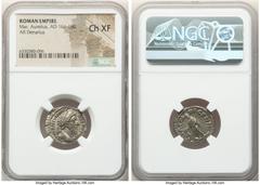 Ancients Roman Imperial Marcus Aurelius, as Augustus (AD 161-180). AR denarius (19mm, 11h). NGC Choice XF. Rome, AD 170-171. IMP M ANTONINVS AVG TR P XXV, laureate head of Marcus Aurelius right / VOTA