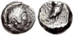 GREEK COINS ATTICA ATHEN. Tetradrachme (Silber) ca. 500 v. Chr. Athenakopf mit attischem Helm nach rechts // AQE. Eule mit Olivenzweig in Quadratum Inkusum. Seltman Gruppe Gii, 276 var; SNG München 33