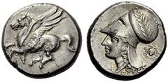 GREEK COINS CORINTHIA KORINTH. Stater (Silber) ca. 338-300 v. Chr. Pegasos nach links, darunter Koppa // Athenakopf mit olivenzweigbekränztem korinthischen Helm nach links, davor Alpha, dahinter Aegis