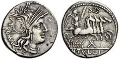 ROMAN COINS COINS OF THE ROMAN REPUBLIC Denar (Silber) 120 v. Chr. Rom. Behelmter Romakopf nach rechts // Victoria mit Palmzweig in Quadriga nach rechts, unter den Pferden Wertzahl X, darüber Kranz. C