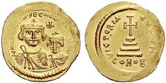 BYZANTINE COINS BYZANZ Heraclius, 610-641 mit Heraclius Constantinus. Solidus (Gold) 616-625, Konstantinopel. 8. Offizin. Fein ausgearbeitetes Doppelportrait. Sear 734. 4.41 g. Gold. Druckstellen am R