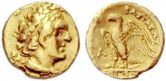 GRIECHISCHE MÜNZEN KÖNIGREICH DER PTOLEMAIER PTOLEMAIOS I., makedonischer Satrap, vor 305 PTOLEMAIOS I., SOTER, König 305-283. Triobol, Gold. Büste mit Diadem und Aegis n. r. Rv. [PTOLEMAIOU] - BASILE