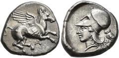 EPIRUS.   AMBRAKIA. Stater, Corinthian type, about 400-380 BC. AR 8.42 g. A Pegasus flying r. Rev. Head of Athena l., wearing Corinthian helmet with large neck-guard; behind, owl l., head facing. Calc